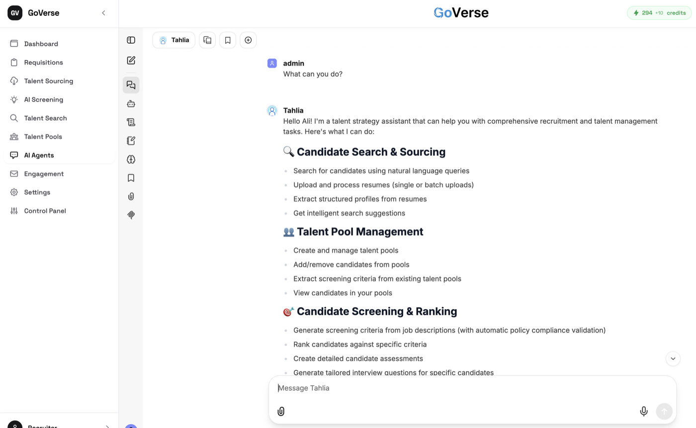 A GoVerse agent listing its recruiting capabilities: candidate search and sourcing, talent pool management, and screening and ranking