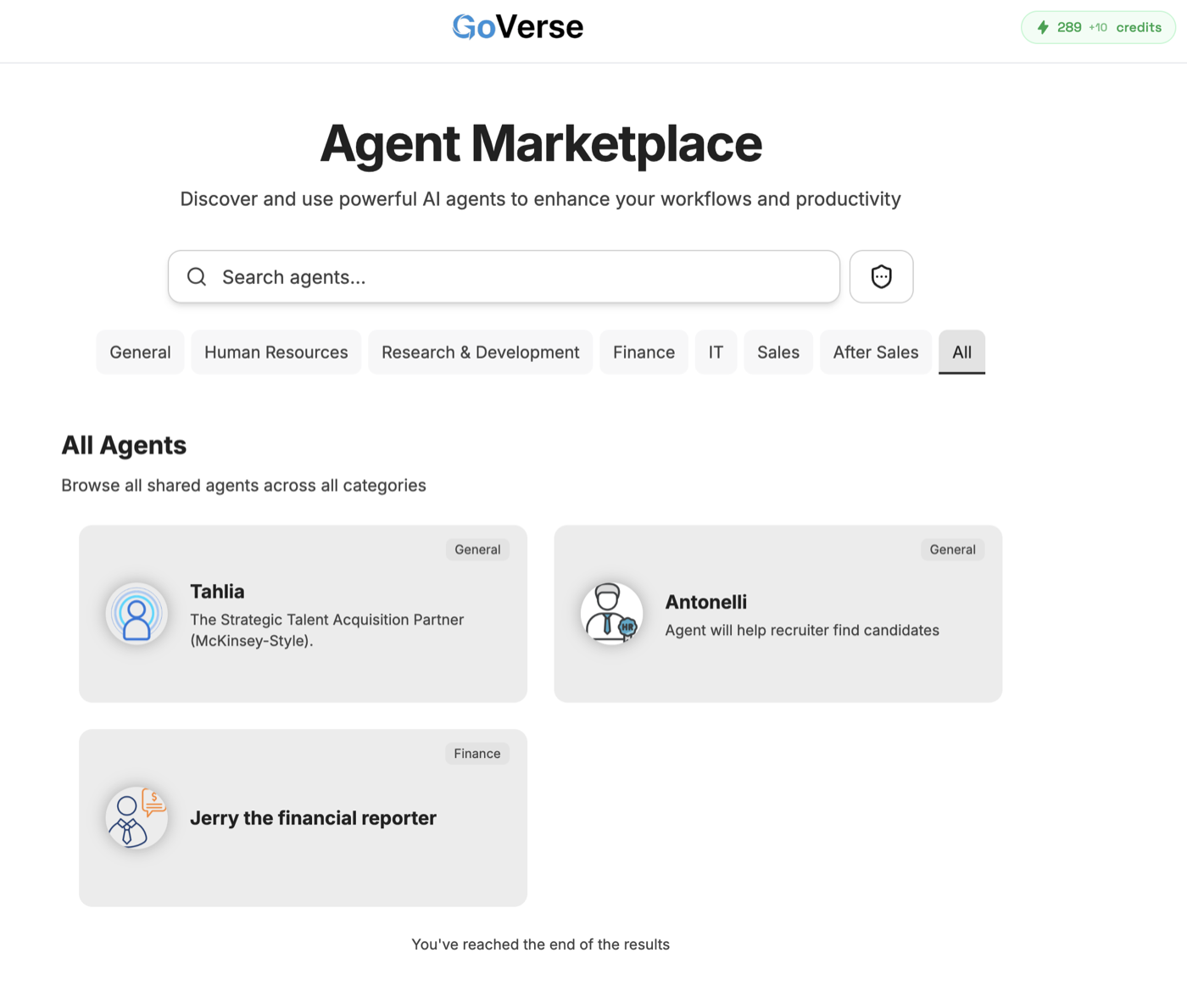The GoVerse Agent Marketplace listing shared AI agents by category
