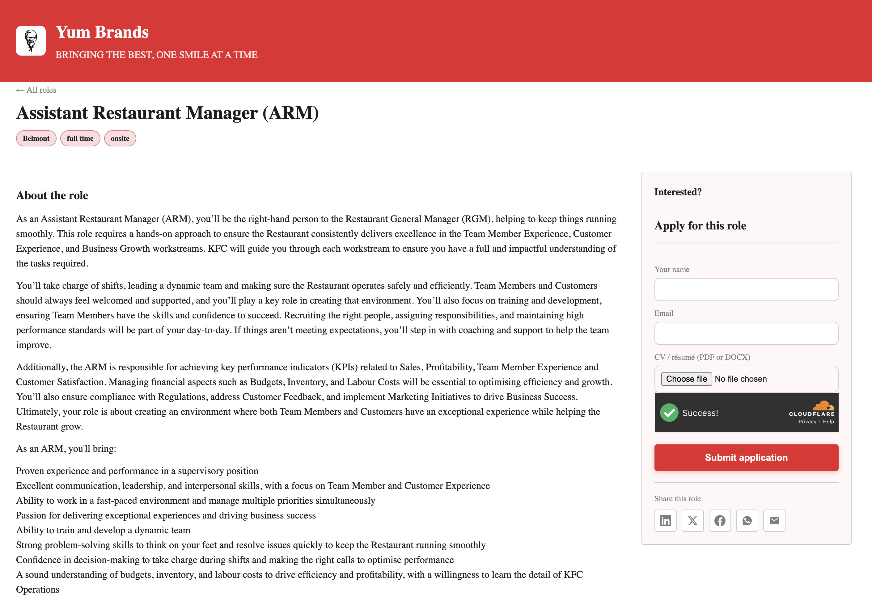 A public job detail page on a branded careers site with an Apply for this role form