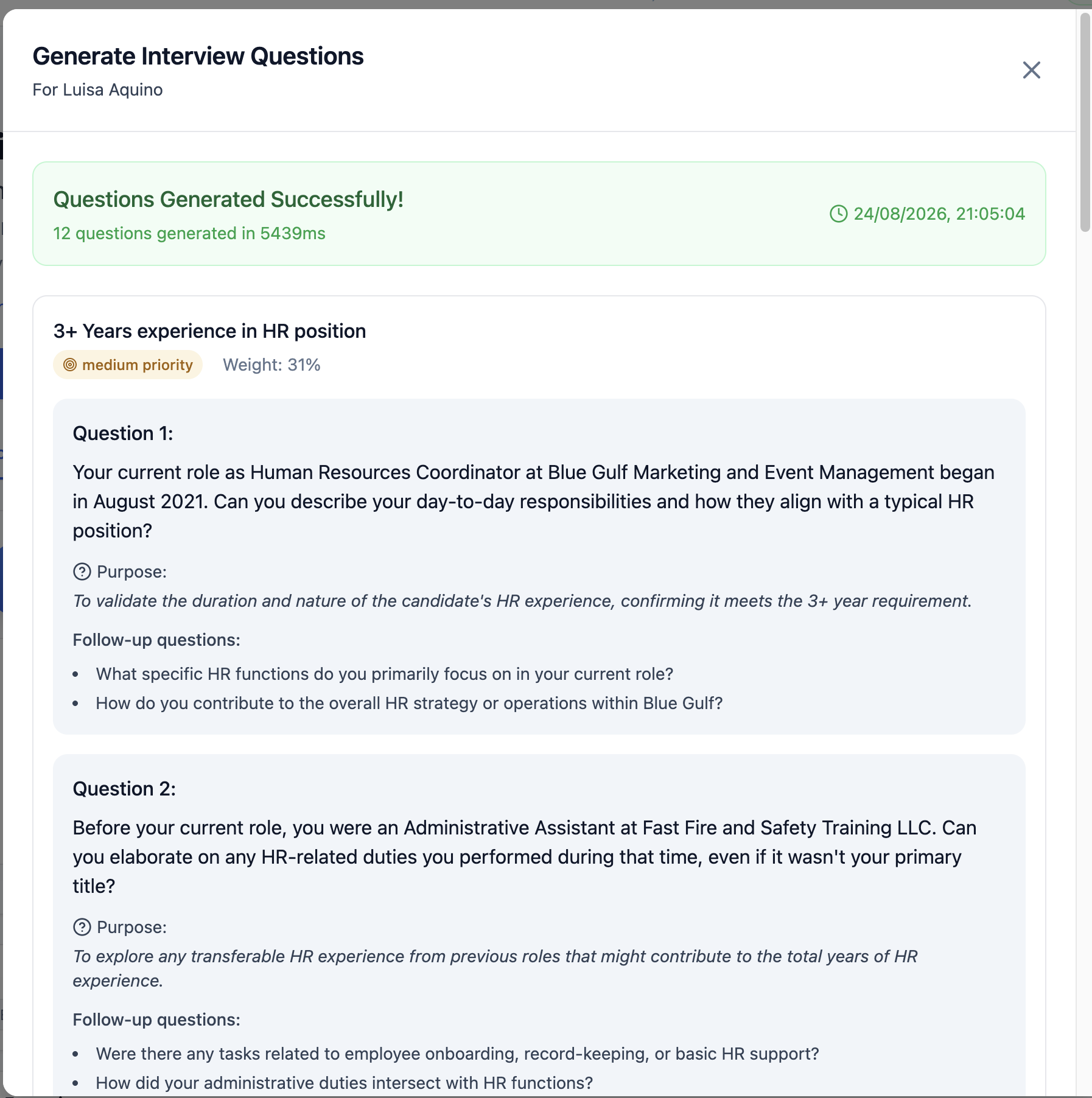 Generated questions grouped by criterion with purpose and follow-up suggestions
